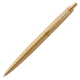 A gold ballpoint pen with a sleek design and an engraved arrow logo on the barrel.