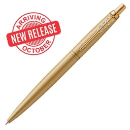 A gold ballpoint pen featuring a sleek design and a logo on the side.