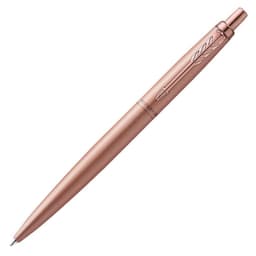 A rose gold ballpoint pen with a sleek design and an engraved branding logo.