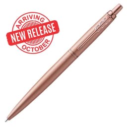 A ballpoint pen in monochrome rose gold with a sleek design and a branding logo.