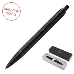 A metal ballpoint pen in achromatic matte black, presented in a sleek gift box with branding.