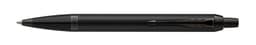 A ballpoint pen in achromatic matte black with a sleek design and a clip, featuring a logo.