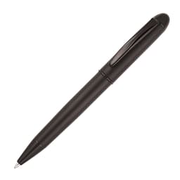 A black metal ballpoint pen with a sleek design and clip, featuring a logo on the surface.