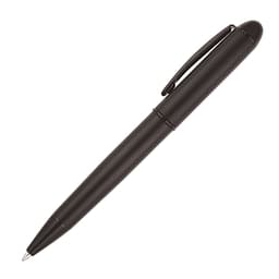 A black metal ballpoint pen with a clip and smooth finish, featuring a branding logo.