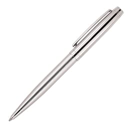 A metallic ballpoint pen with a sleek silver design and a clip for attachment. Features a branding logo.