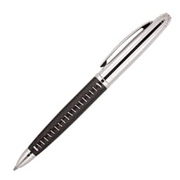 A metal ballpoint pen in silver and black with a stylish design and a clip for attachment.