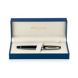 A black lacquer rollerball pen displayed in a blue gift box, featuring a gold accent and a branding logo.