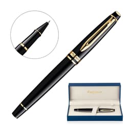 A rollerball pen in lacquer black with gold trim, displayed with an elegant blue and white box featuring branding.