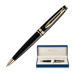 A black ballpoint pen with gold accents, presented in a blue box with a lined interior. It features a logo.