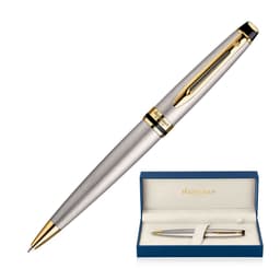 A brushed stainless steel ballpoint pen in a blue presentation box, featuring gold accents.