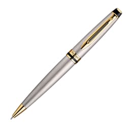 A metal ballpoint pen featuring a brushed stainless finish with gold accents and a logo.