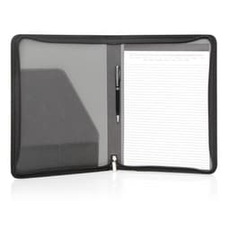 A grey executive zipper portfolio featuring a notepad, pen, and cardholder with a sleek design.