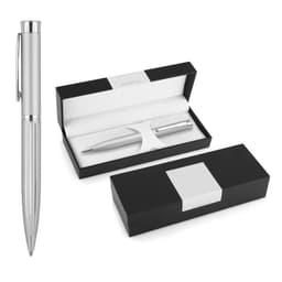 A metal ballpoint pen in silver, featuring a striped design, displayed with a sleek black gift box.