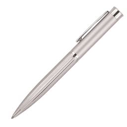 A silver ballpoint pen featuring a sleek striped design and a shiny clip, with a logo on its body.