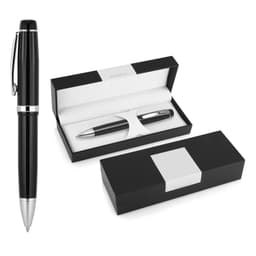 A metal ballpoint pen in black with a silver trim, presented in a black and white gift box.