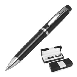 A black metal ballpoint pen with a silver accent, displayed alongside a black and white gift box.