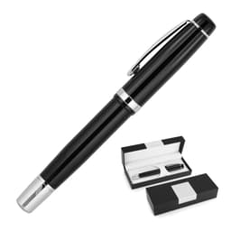 A black rollerball pen with silver accents, resting beside a black gift box containing a matching pen.