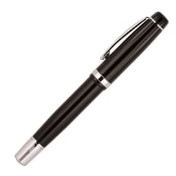 A black metal rollerball pen with silver accents and a clip. It features a sleek, polished design.