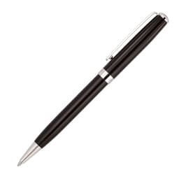 A black metal ballpoint pen with a silver clip and tip, featuring a sleek design and branding.