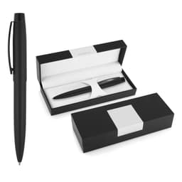 A matte black ballpoint pen beside an elegant black presentation box with a white interior and an inner insert.