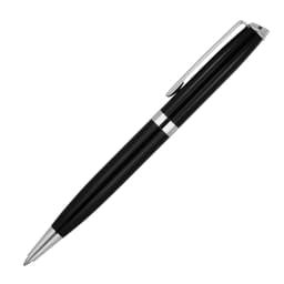 A black ballpoint pen with silver accents and a clip, featuring a sleek design. Includes a logo.