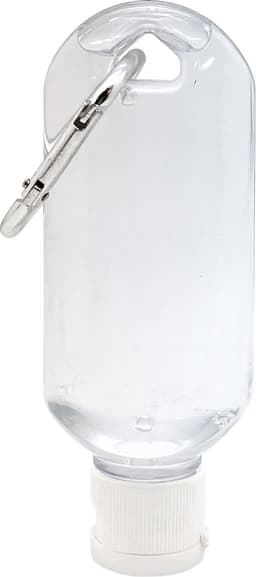A clear plastic bottle with a carabiner, containing 55ml of hand sanitiser gel.