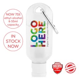 A clear hand sanitiser gel bottle with a carabiner, containing 75% ethyl-alcohol and a 55ml capacity.