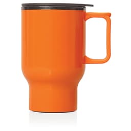 An orange travel mug with a black lid and a handle, featuring a double wall for insulation.