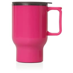 A pink travel mug with a black lid and a handle, featuring a double wall design and a sleek shape.