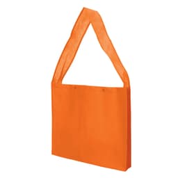 An orange non-woven sling bag with press studs and a gusset, featuring a logo.