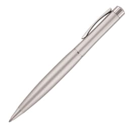 A metal ballpoint pen in silver, featuring a sleek, classical design and a clip for easy attachment.