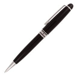 A black ballpoint pen with silver accents and a clip, featuring a polished finish and a sleek design.