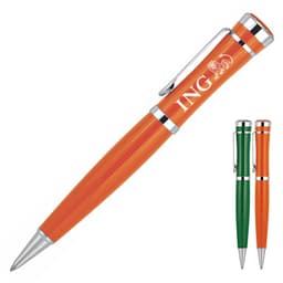 A metal ballpoint pen in orange, with a silver clip and a logo, alongside green and black variants.