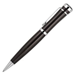 A sleek black metal ballpoint pen with silver accents and a clip, featuring a polished surface and modern design.