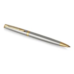 A metal ballpoint pen in brushed stainless steel with gold accents; features a logo.