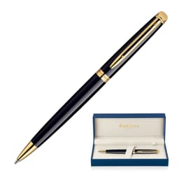 A black lacquer ballpoint pen with gold accents, presented in a blue gift box.