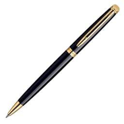 A black ballpoint pen with gold accents, featuring a sleek, lacquered finish and a prominent clip.