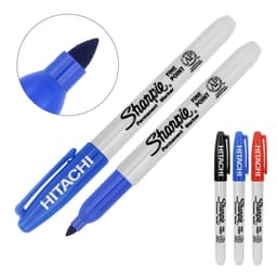 A set of permanent markers in blue, black, and red with fine tips and a logo present on the blue marker.