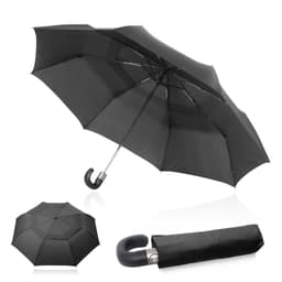 A black 68cm folding golf umbrella with a curved handle, displayed open, closed, and from above.
