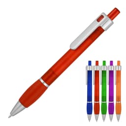A ballpoint pen in vibrant red with a silver clip, alongside pens in blue, green, purple, and orange.