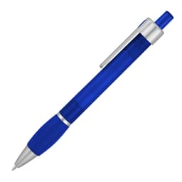 A blue ballpoint pen with a silver clip and a textured grip. The pen features a sleek design and branding.