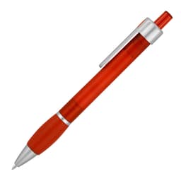 A red ballpoint pen with a silver clip and grip, featuring a translucent barrel and a rounded tip.