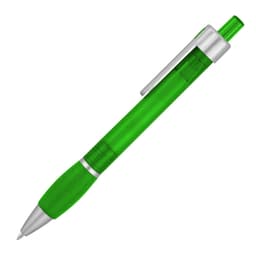 A green plastic ballpoint pen with a silver clip and grip. The pen has a transparent barrel.