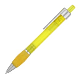 A bright yellow ballpoint pen with a silver clip and grip section. It features a transparent barrel and branding.