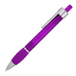 A purple ballpoint pen with a silver clip and grip section. The pen has a sleek design and a shiny finish.
