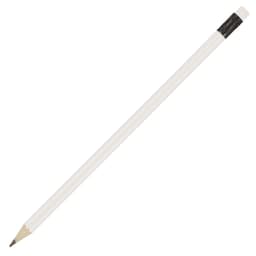 A white pencil with a black eraser on one end, featuring a sharpened tip and a sleek design.
