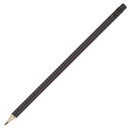 A sharpened black pencil with a rubber eraser on the end, featuring a simple design and branding.