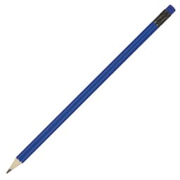 A blue pencil with a sharpened tip and a coloured eraser on the end, featuring a black band.
