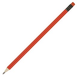 A red pencil with a sharpened tip and a black eraser at the end, featuring a logo on the eraser.