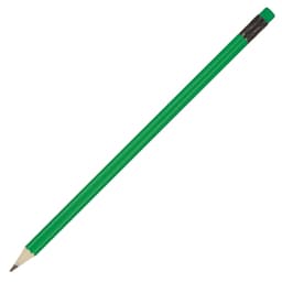 A green pencil with a sharpened tip and a black eraser at the end, featuring a logo.
